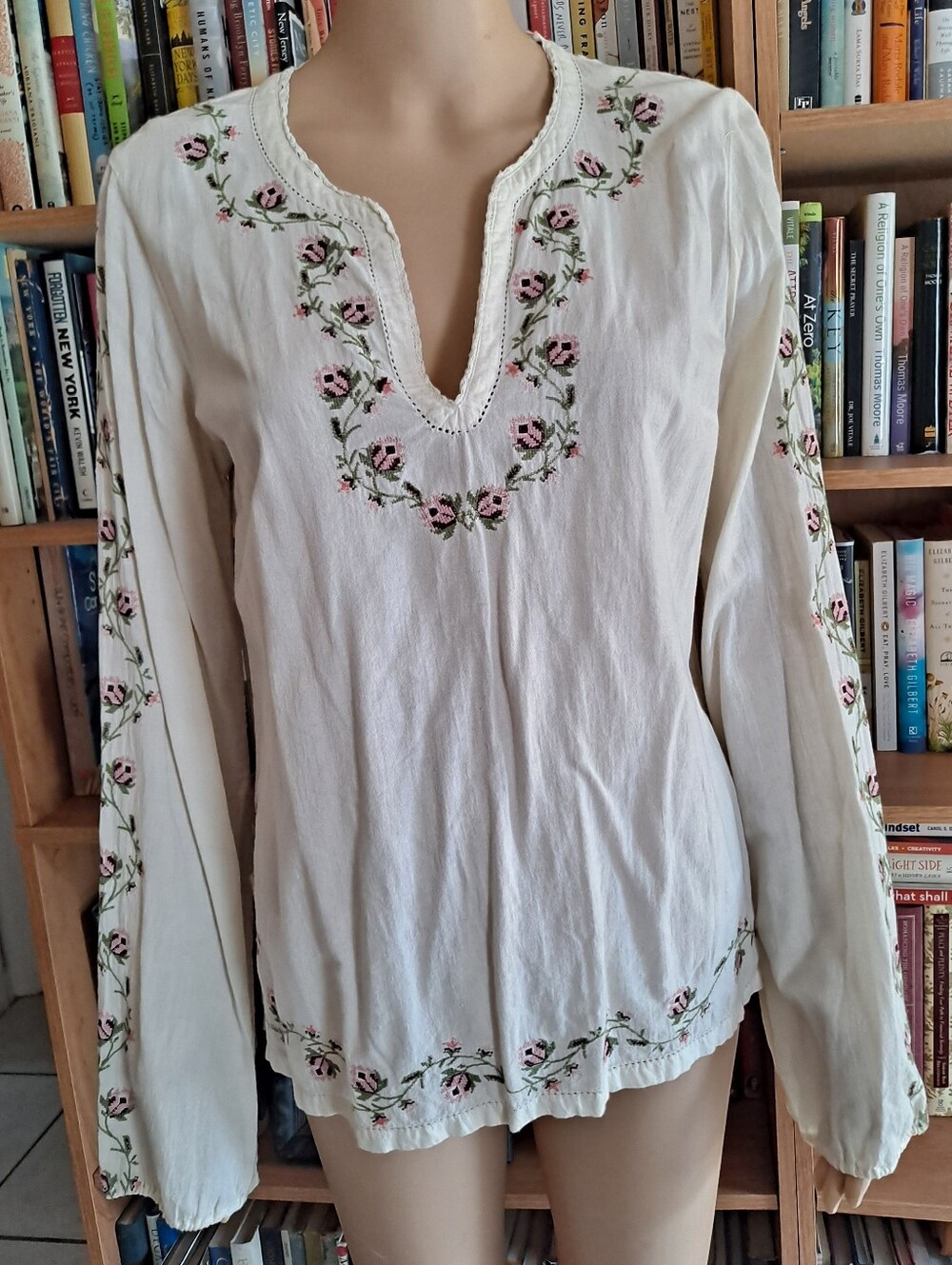 Lucky Brand Embroidered Cream Peasant Blouse with Pink Floral Accents